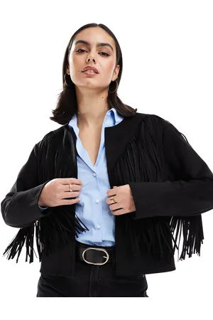 New Look – Kragenlose Jacke aus Wildlederimitat in mit Fransen