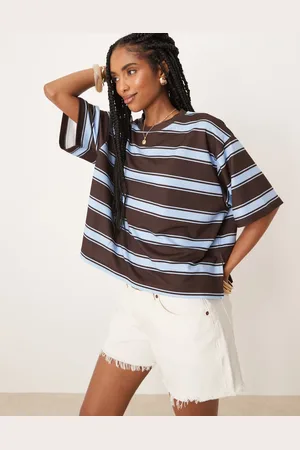 ASOS — Oversize-T-Shirt mit Streifen in Babyblau und Schokobraun