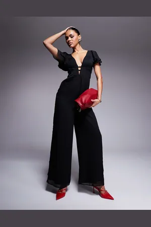 ASOS – Geraffter Jumpsuit in mit Flatterärmeln und weitem Bein
