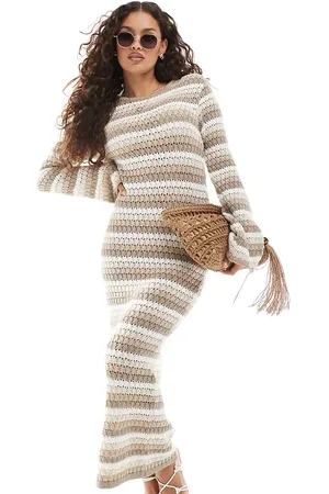 VERO MODA – Hochwertiges Maxi-Strickkleid mit braunen Streifen