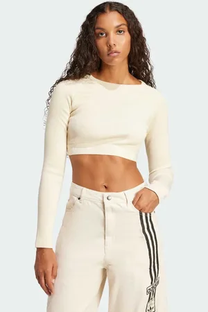 adidas – Geripptes langärmliges Cropped-Oberteil in Creme