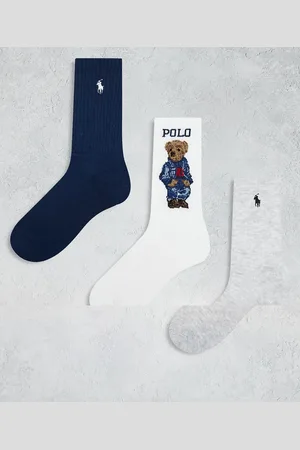 Ralph Lauren – 3er-Pack Socken mit Bärenmotiv und Logo in Grau, Weiß und Marineblau