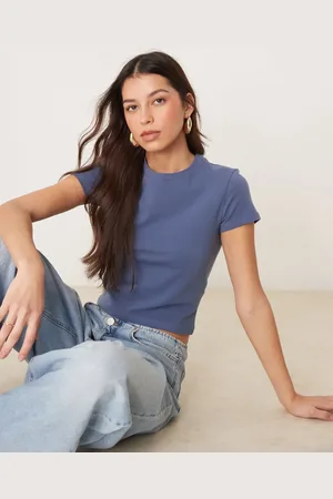 Abercrombie & Fitch – Nahtloses Cropped-T-Shirt in gestreiftem Marineblau mit knappem Schnitt