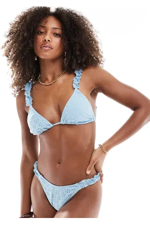 Miss Selfridge – Bikinihose in Blassblau mit gerüschtem Seitenriemen