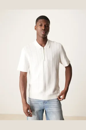 Abercrombie & Fitch – Kurzärmliges, gestricktes Polohemd in Cremeweiß mit kurzem Reißverschluss