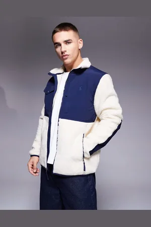 Ralph Lauren – Teddyfell-Hybridjacke aus Lammfellimitat in Cremeweiß/Marineblau mit Markenlogo
