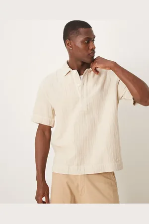 Abercrombie & Fitch – Kurzärmliges Leinenhemd in Beige mit Knopfleiste