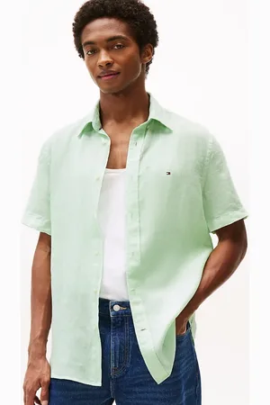 Tommy Hilfiger – Kurzärmliges Hemd aus Leinen in Hellgrün, in regulärer Passform