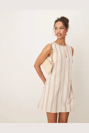 VILA – Ärmelloses Minikleid mit Leinenanteil und Streifen in Creme und Hellbraun