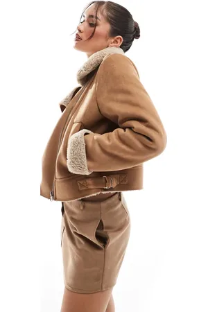 Stradivarius – Bikerjacke in Kamelbraun mit Teddyfutter