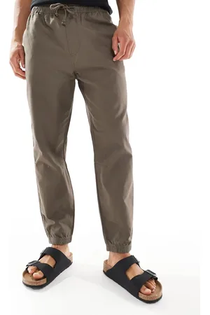 Pull&Bear – Hose in khaki Leinenoptik mit Bündchen