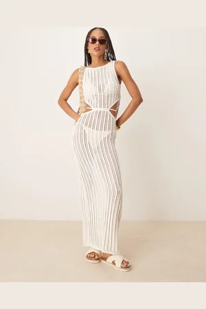 Abercrombie & Fitch – Strukturiertes Maxikleid in Creme mit U-Boot-Ausschnitt und Zierausschnitten an der Taille