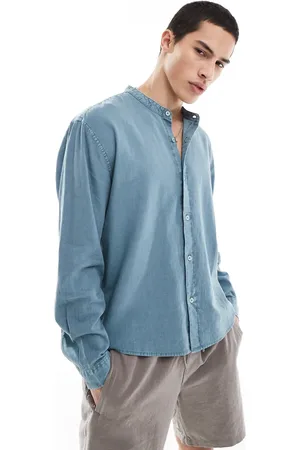 Pull&Bear – Langärmliges, strukturiertes Grandad-Hemd in Petrol mit hohem Leinenanteil
