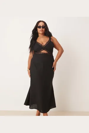 Never Fully Dressed – Mimi – Midaxi-Kleid aus schwarzem Leinen mit Zierausschnitt