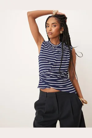 ASOS – Oberteil in gestreiftem Marineblau mit Korsett-Taille
