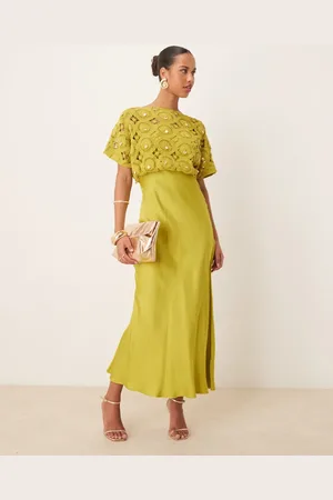 Never Fully Dressed – Tilly – Gehäkeltes Maxikleid in Olivgrün mit Muschelverzierung