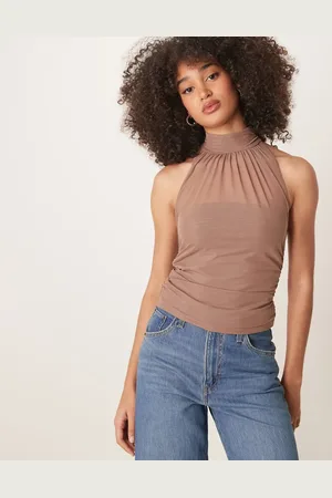 Abercrombie & Fitch – Gerafftes Neckholder-Oberteil aus Netzstoff in Taupe
