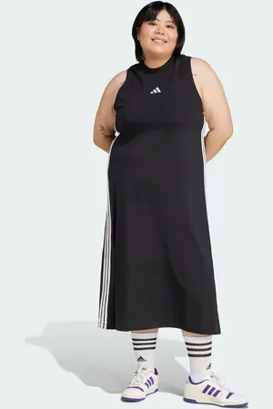 adidas – Essentials – Langes Plus-Size-Kleid in und Weiß mit 3-Streifen-Logo