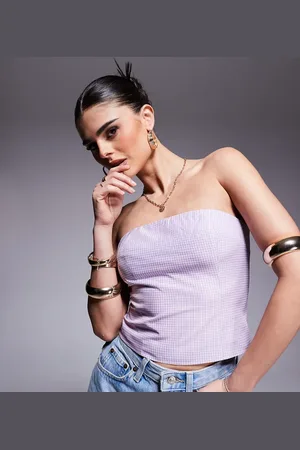 Kaiia Exklusiv – Trägerloses Cropped-Top mit Vichy-Karos in Flieder und Rosa