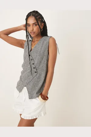 Abercrombie & Fitch – Asymmetrisches Longline-Trägertop aus Leinen mit Vichykaromuster in Schwarz
