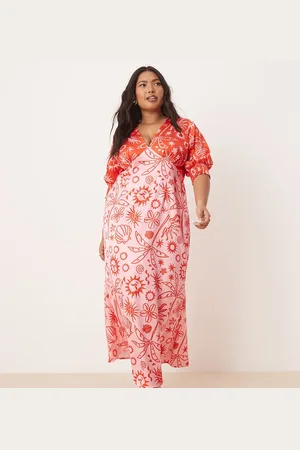 Never Fully Dressed – Midaxi-Kleid in kontrastierendem Rot und mit Palmenmuster