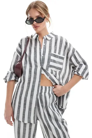 4th & Reckless – Gestreiftes Oversize-Strandhemd aus Leinenmix in Grau und Weiß, Kombiteil