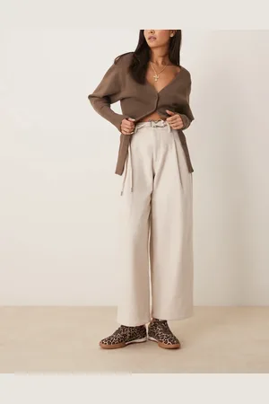 ASOS – Barrel Leg Hose in Steinbeige mit Wolloptik und doppeltem Gürteldetail
