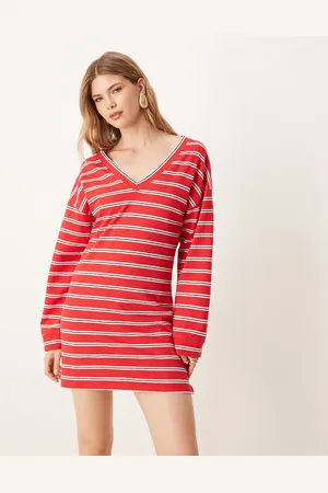 ASOS – Kurzes, langärmliges Shirt-Kleid in Rot gestreift