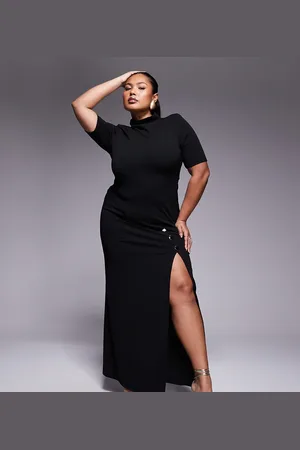ASOS ASOS DESIGN Curve – Hochgeschlossenes, kurzärmliges Maxi-Bleistiftkleid in mit Schlitz mit großen goldfarbenen Knöpfen