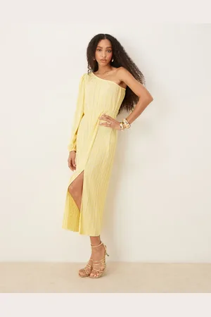 Y.A.S – Bridesmaid – Plissiertes Maxikleid in Blassgelb mit One-Shoulder-Design und Foliendruck-Punkten