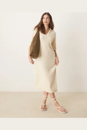 Y.A.S – Kurzärmliges Strick-Midikleid in Birken-Cremeweiß mit Polokragen