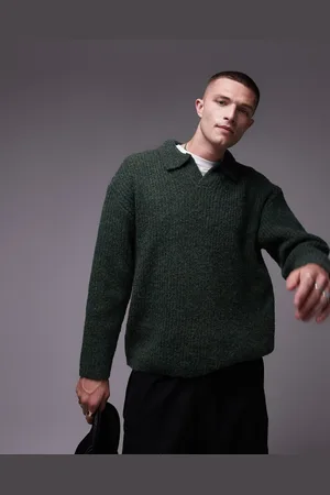 Topman – Locker geschnittener Pullover in Khaki mit offenem Kragen