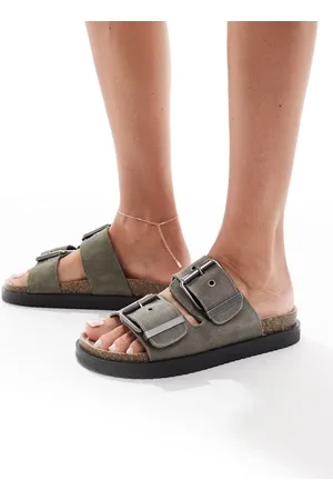Pull&Bear – Flache Ledersandalen in Khaki mit doppelten Riemen