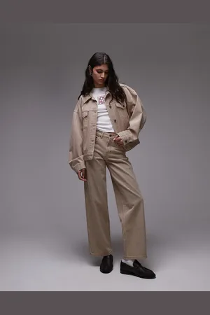 Topshop – Relaxed-Fit-Jeans in gestreiftem Hellbraun mit niedrigem Bund und Schnallenriemen