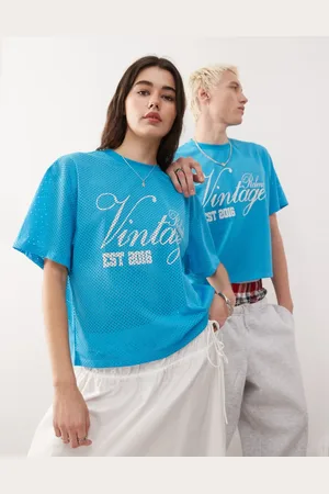 Reclaimed – Kastiges, kürzer geschnittenes Fußball-T-Shirt aus Airtex-Material in Aqua- im Unisex-Design