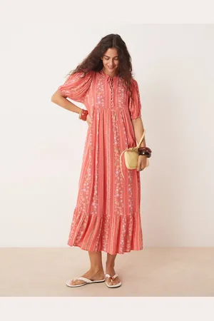 Y.A.S – Festival – Maxikleid im Boho-Stil in Koralle mit Puffärmeln, Knopfleiste und floralem Streifenmuster