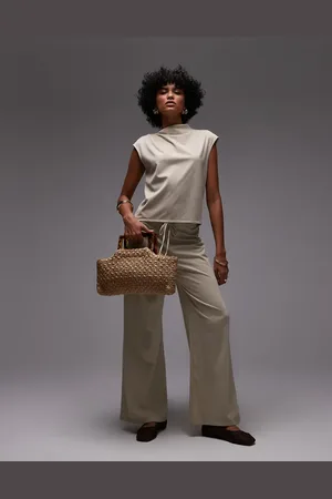 MANGO – Polyamid-Hose in Beige mit Kordelzugbund und weitem Bein, Kombiteil