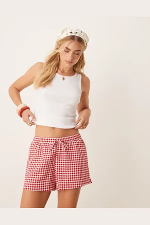 Abercrombie & Fitch – Leinen-Shorts mit Kordelzugbund und rotem Vichy-Karomuster