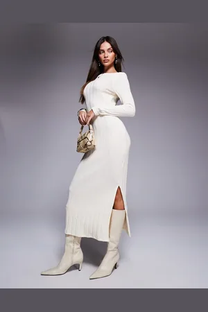 River Island – Geripptes Midikleid in Creme