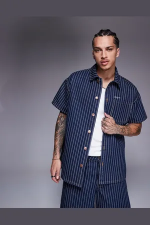 Liquor N Poker – Dunkles Oversize-Jeanshemd mit Nadelstreifen