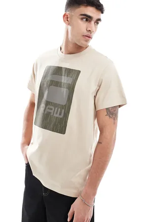 G-Star – T-Shirt in Beige mit kastigem Burger-Regen-Logo