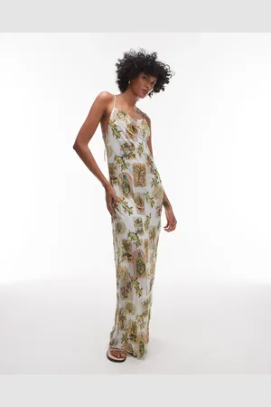 Topshop – Maxikleid mit Wasserfallausschnitt, Knitterstruktur und floralem Postkarten-Muster