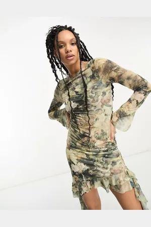 ASOS – Langärmliges Chiffon-Minikleid mit Rüschensaum und Grunge-Blumendruck