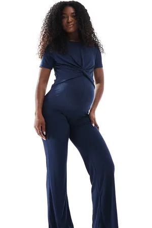 Mama;licious Mamalicious Umstandsmode – Gerippte Jersey-Hose in mit Überbauchbund und weitem Bein, Kombiteil