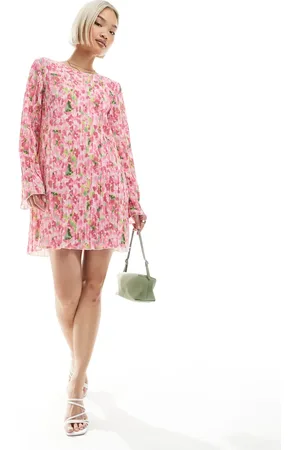 Pieces® – Langärmliges, plissiertes Minikleid in mit Blumenmuster