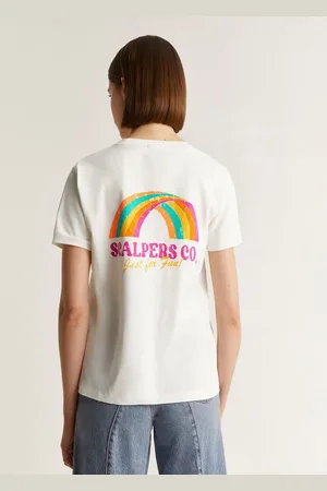 SCALPERS – T-Shirt in Wollweiß mit neonfarbenem Regenbogen-Print