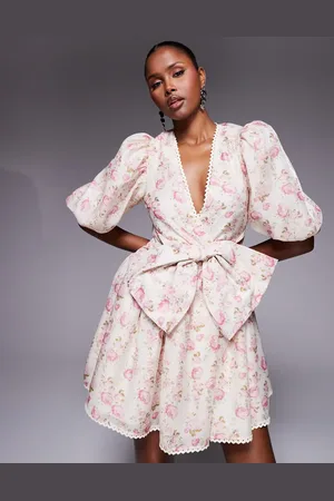 ASOS – Jacquard-Minikleid mit Blumenmuster, Puffärmeln und Zierschleife