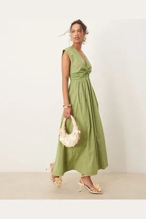 Abercrombie & Fitch – Ärmelloses Maxikleid in Olivgrün mit V-Ausschnitt