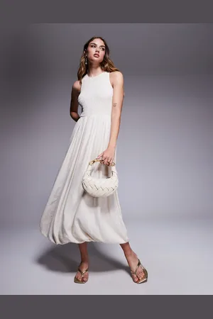 River Island – Leinen-Midikleid in Creme mit Ballonsaum