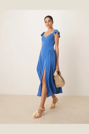 Abercrombie & Fitch – Maxikleid in Blau mit Flatterärmel und tief sitzender Taille